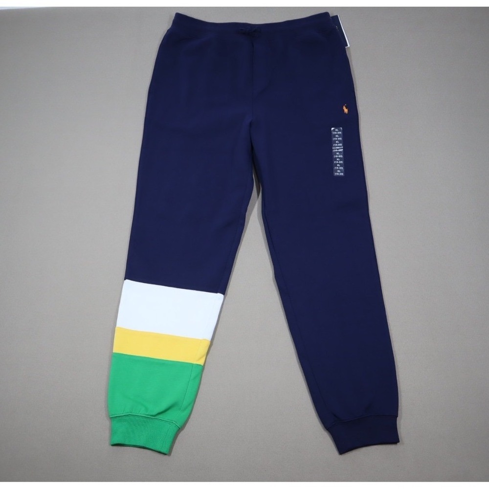 Polo Ralph Lauren Boys Navy Joggers With Green and‎ Yellow Calf Size XL